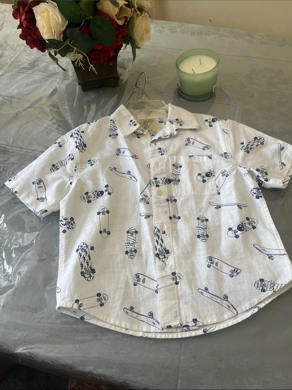 White Short-Sleeve Button-Up Shirt with Navy Skateboard Print